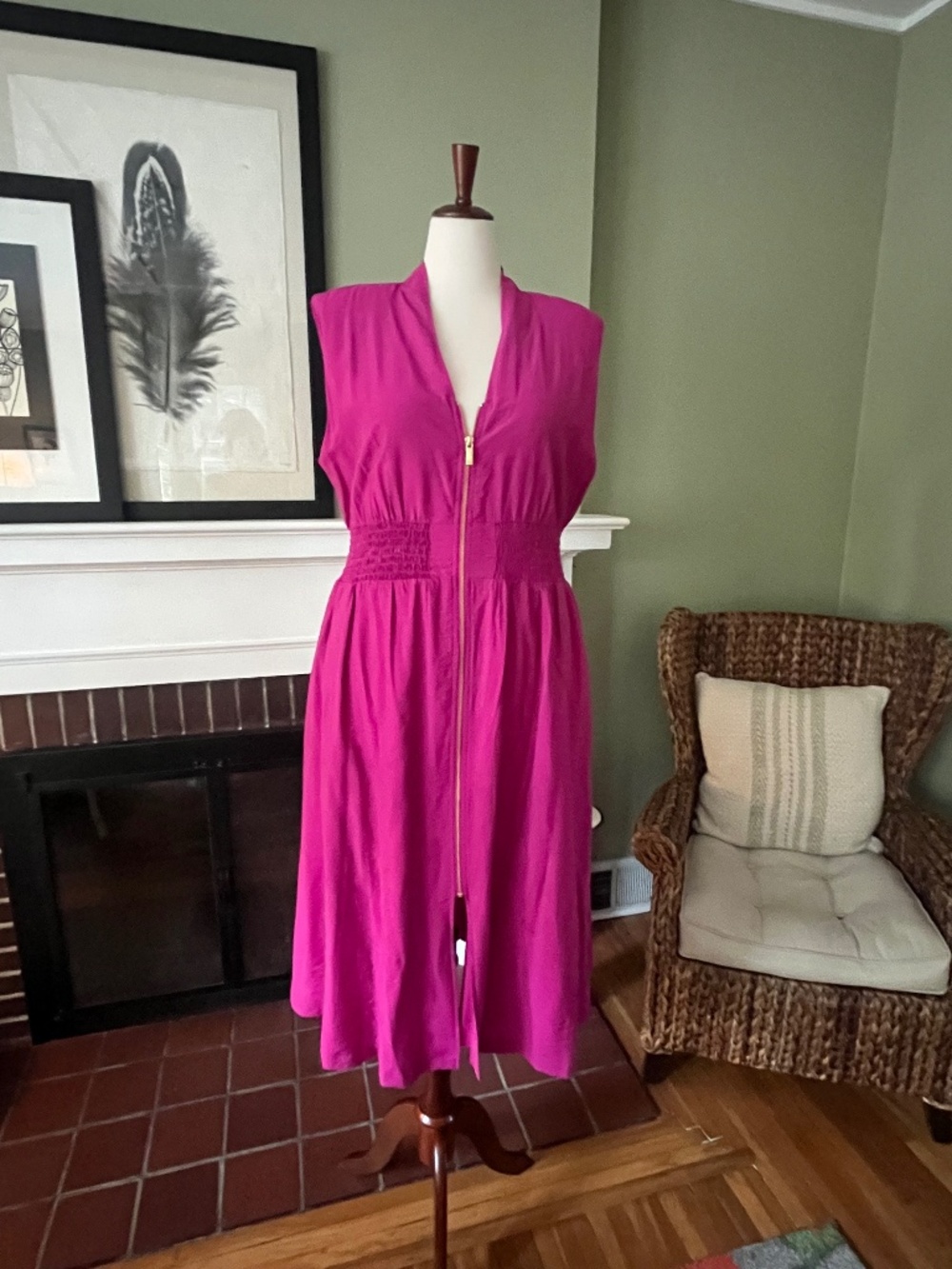Nine West Fuchsia Zip-Front Midi Dress | Gold Zip | Pockets | Size XL